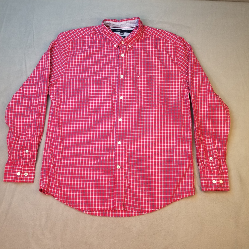 Tommy Hilfiger Large Red Blue & White Plaid Long Sleeved Button Down Men's Shirt